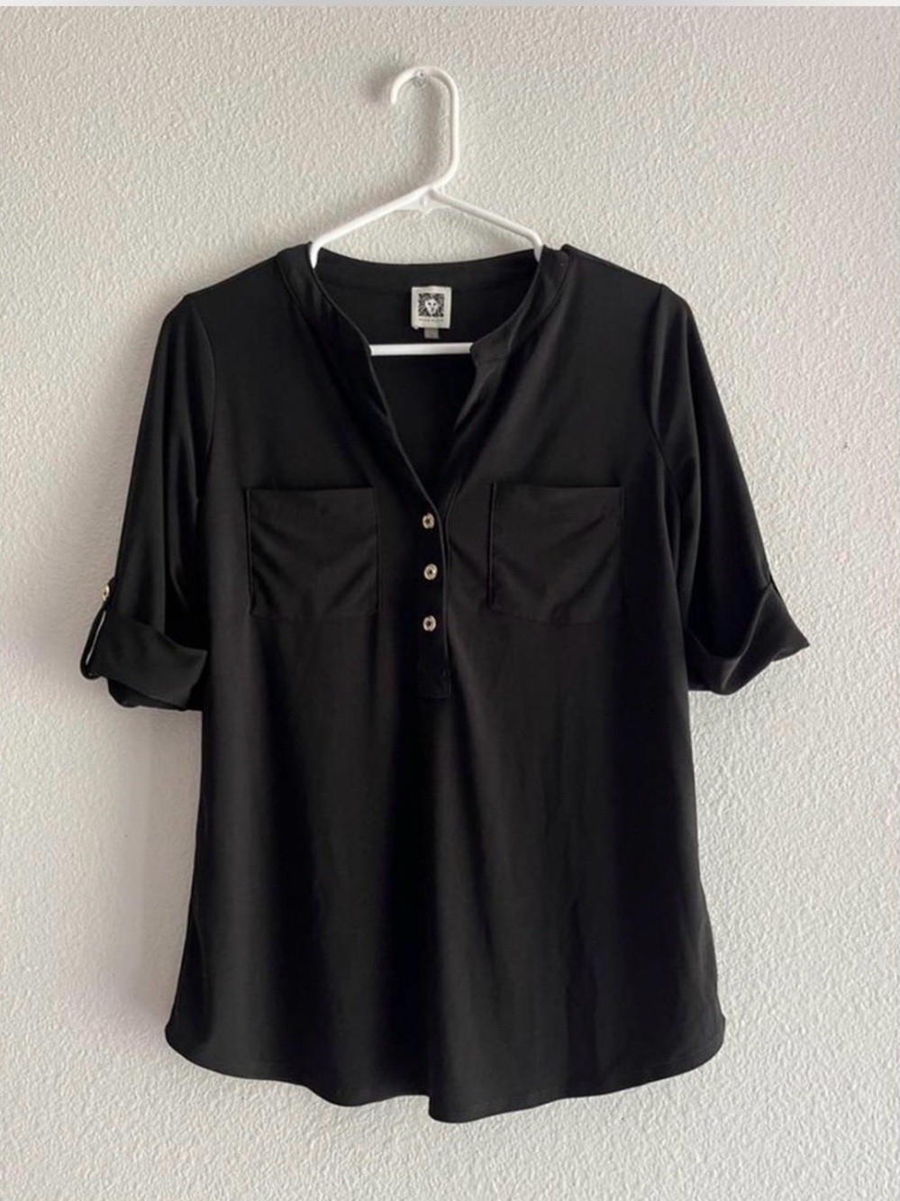 NWT Anne Klein Black Packable Elbow Rolled Sleeve Blouse Gold Button XL
